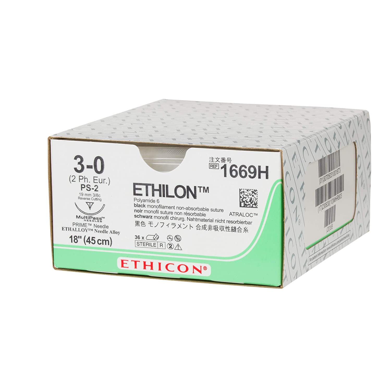 Ethilon hechtdraad 1669H 3-0 zwart draad 45cm PS-2 taperpoint multipass hechtnaald 3/8 19mm per 36st