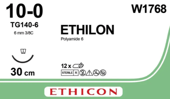 Ethilon hechtdraad W1768 10-0 TG140-6 naald 30cm zwart per 12st.