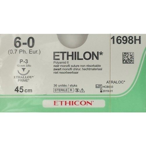Ethilon hechtdraad 6-0 P3 naald 1698H 45cm per 36st.