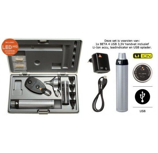 HEINE Beta 400 LED Otoscoop en Ophthalmoscoop set met 4 USB en Transformator