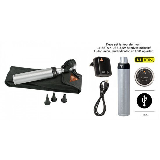 Heine Otoscoopset K180 FO Halogeen Beta4 USB Handvat