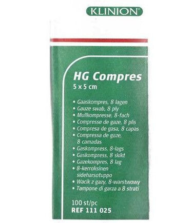Klinion HG katoenen kompres hydrofiel gaasjes 5x5cm 8 laags niet steriel (111025) per 100st.