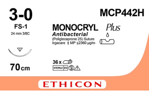 Monocryl hechtdraad MCP442H 3-0 70cm ongekleurd draad met FS-1 naald per 36st.