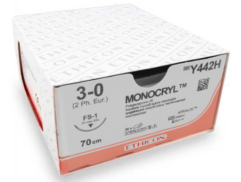 Monocryl hechtdraad Y423H draad 3/0 met FS2 naald 3/8 19MM per 36ST.