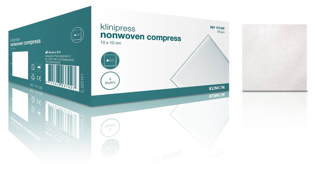 Klinion nonwoven kompres (175004) 5x5CM 4 laags per 100ST. niet steriel