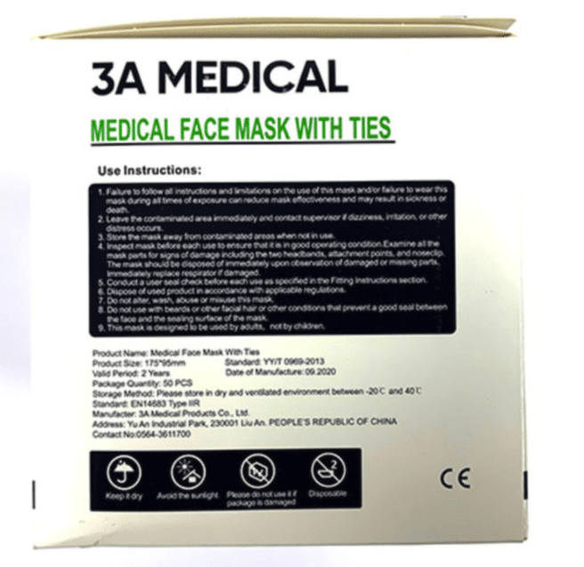 Medische 3A mondmaskers type IIR EN14683 per 50st.