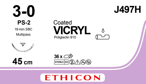 Vicryl hechtdraad J497H 3-0 met PS-2 multipass naald 45cm ongekleurd draad per 36st. - afbeelding 0