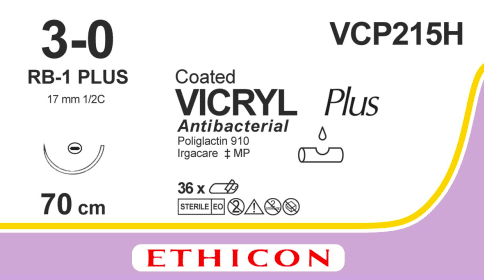Vicryl plus hechtdraad VCP215H 3-0 draad met RB-1 plus naald 70cm ongekleurd per 36st. - afbeelding 0