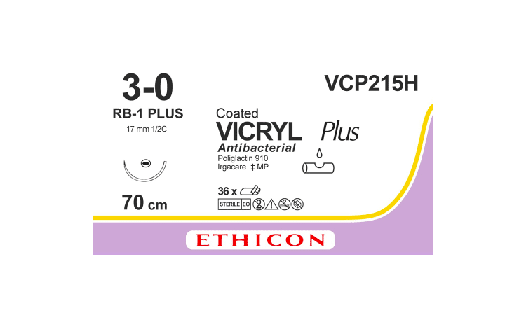 Vicryl plus hechtdraad VCP215H 3-0 draad met RB-1 plus naald 70cm ongekleurd per 36st. - afbeelding 0