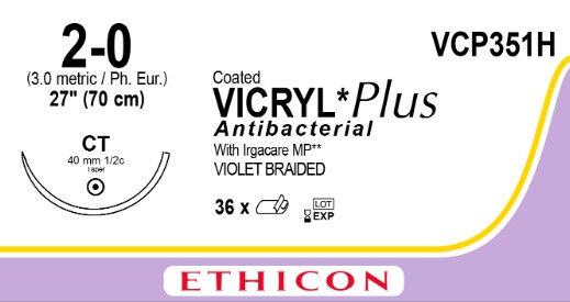 Vicryl Plus VCP351H hechtdraad - CT 2-0 - 70cm - | per 36 st. |