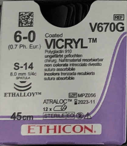 Vicryl hechtdraad 6-0 V670G met 2xS14 naald 45cm draad per 12st.