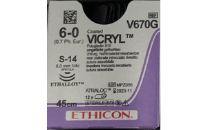 Vicryl hechtdraad 6-0 V670G met 2xS14 naald 45cm draad per 12st.